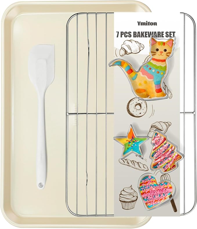 7PCS Nonstick Baking Sheet Set - 10x15in Jelly Roll Pan with Wire Rack, Silicone Spatula & 4 Cookie Cutters, Thickened Carbon Steel, Oven Safe 450°C, Sunshine Cream