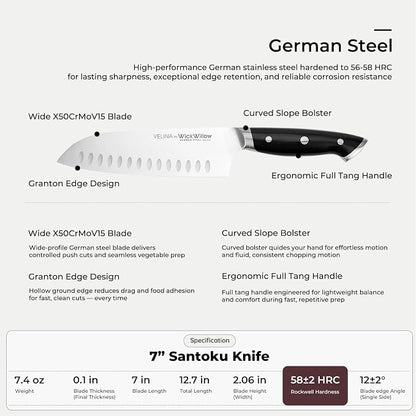 WICKWILLOW 7-Inch Santoku Knife - German X50CrMoV15 Steel, Hollow Edge Kitchen Knife for Meal Prep, Vegetables, Herbs & Boneless Proteins - Razor-Sharp, Full Tang, Ergonomic Handle, Gift Box