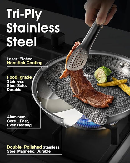 USELUCK Nonstick Frying Pans with Lid,10-Inch Non Stick Skillet with Honeycomb Surface,Dishwasher-Friendly,Oven-Safe,Induction Compatible,PFAS-Free,Non-Toxic,Compatible with All Cooktops.