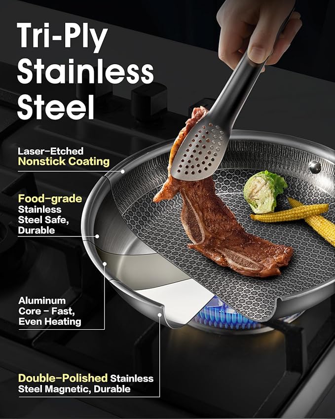 USELUCK Nonstick Frying Pans with Lid, 12-Inch Non Stick Skillet with Honeycomb Surface,Dishwasher-Friendly,Oven-Safe,Induction Compatible,PFAS-Free,Non-Toxic,Compatible with All Cooktops.