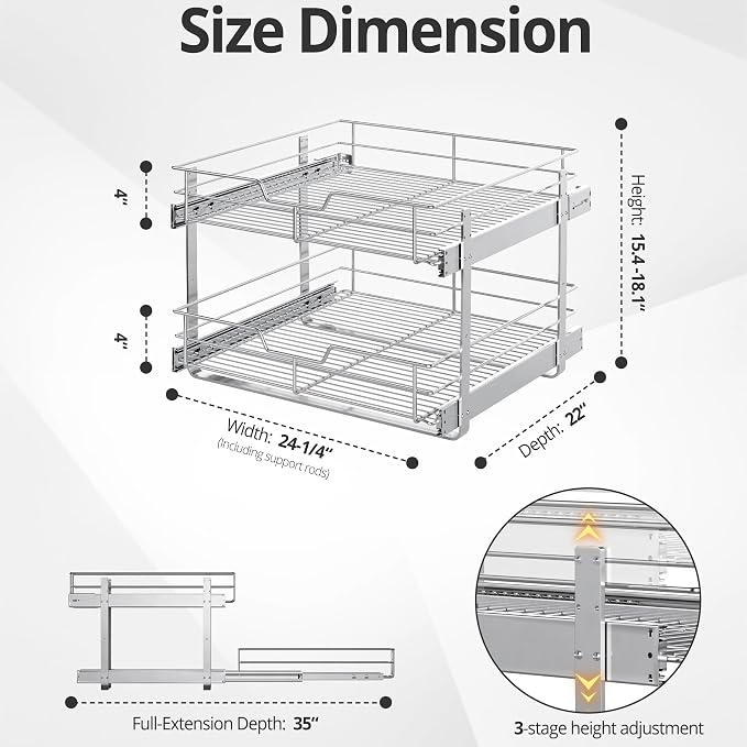 ZOINLIY Pull Out Cabinet Organizer, Versatile Slide Out Kitchen Organizers and Storage,Heavy Duty Drawer Cupboard Storage Basket, Smooth Sliding, Chrome Finish (2-Tiers-24¼''W×22“D)