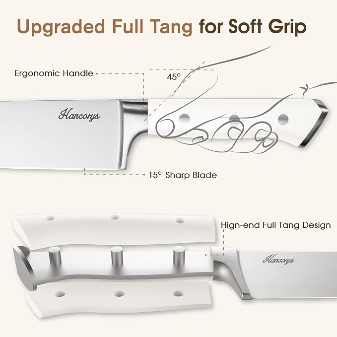 Knife Set, 15 Pcs Kitchen Knife Block Set, Enduring Ultra Sharp High Carbon German Stainless Steel Chef Knives Set with Built-In Sharpener, Full Tang Ergonomic Handle, White