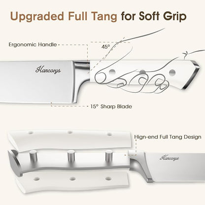 Knife Set, 15 Pcs Kitchen Knife Block Set, Enduring Ultra Sharp High Carbon German Stainless Steel Chef Knives Set with Built-In Sharpener, Full Tang Ergonomic Handle, White