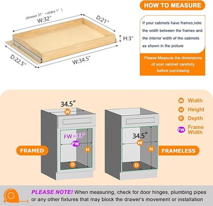 Pull Out Cabinet Organizer, 32" W x 21" D Soft Close Pull Out Drawers for Cabinets with Heavy Duty Slides, Wood Slide Out Drawers for Kitchen Cabinets
