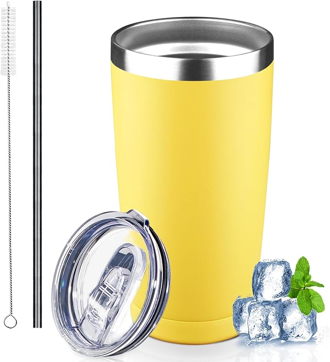 20 oz Tumbler with Lids and Straws, Stainless Steel Insulated Coffee Tumbler, Double Wall Vacuum Insulated Travel Mug Cup, Leakproof Thermal Coffee Cup for Hot and Cold Drinks (Yellow)