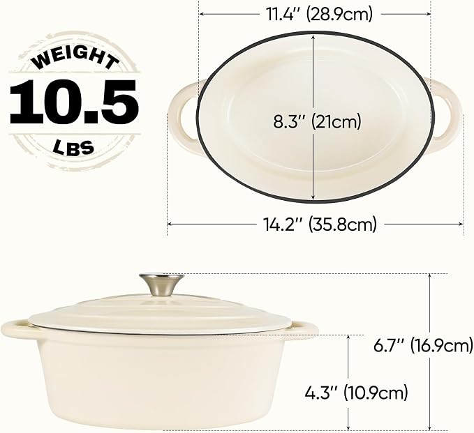 Oval Dutch Oven for Bread Baking, 4.5 Quart Non Stick Enameled Cast Iron Dutch Oven Pot with Lid, Oven Safe Oval Casserole with Lid up to 500°F for Baking, Braising, Stews, Roasting (Beige)