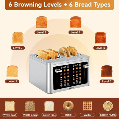 Mecity 4 Slice Touchscreen Toaster, 6 Bread Modes & 6 Browning Levels, Dual Touch Control Wide Slot Stainless Steel Electric Toaster with Memory, Defrost, 3-Min Auto Shutoff for White, Bagels, Waffles