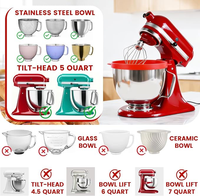 KITOART Silicone Liners for KitchenAid 5 Qt Tilt-Head Stand Mixers, Mixer Attachments & Accessories, Replacement Mixer Bowls - 3 Liners and 3 Lids Included (Not for Bowl-Lift Models)