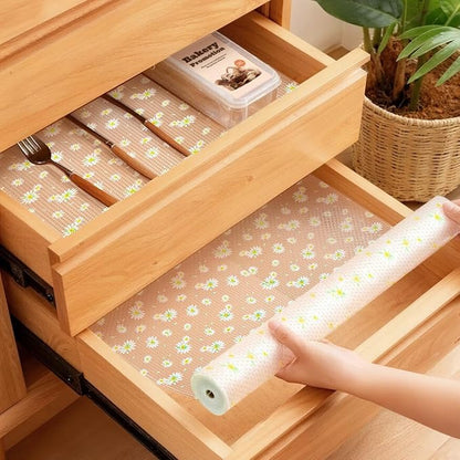 FEXIA Shelf Liner 17.5 Inch x 20 FT Daisy Non Slip Waterproof Cabinet and Drawer Liner for Kitchen Cabinet Refrigerator Pantry Closet Durable Non Adhesive