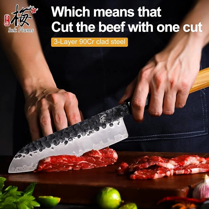 Santoku Knife 7 Inch, Japanese Hand Forged High Carbon Steel Kitchen Knife with Natural Olive Wood Octagonal Handle, Multipurpose Chef Knife for Slicing Dicing Mincing & Gift Box