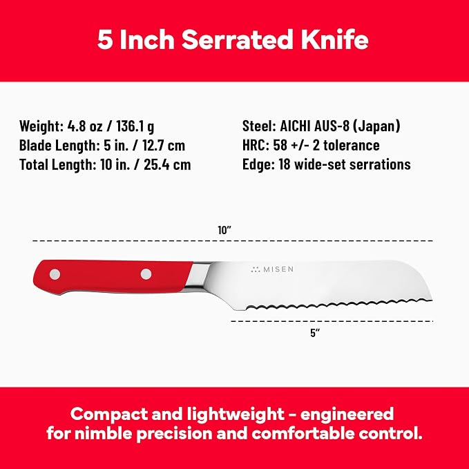 Misen Serrated Bread Knife - High-Carbon Japanese AUS8 Steel - Perfect for Soft Foods, Bread, Pastries, and Fruits - Verstatile Slicer, Razor-Sharp Edge, Durable Blade, Ergonomic Handle - 5", Red