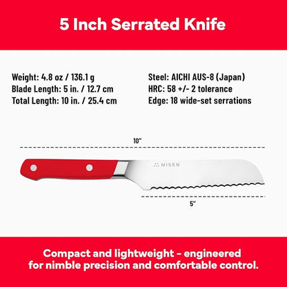 Misen Serrated Bread Knife - High-Carbon Japanese AUS8 Steel - Perfect for Soft Foods, Bread, Pastries, and Fruits - Verstatile Slicer, Razor-Sharp Edge, Durable Blade, Ergonomic Handle - 5", Red