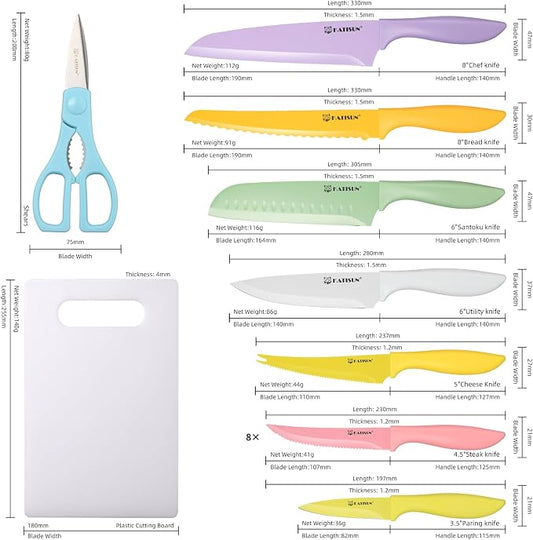 Knife Set with Kitchen Cutting Board，30 Piece Colour Coding Stainless Steel Boxed Knives Set with Kitchen Shears，14 Knives with 14 Blade Covers，Anti-Rust and Dishwasher Safe