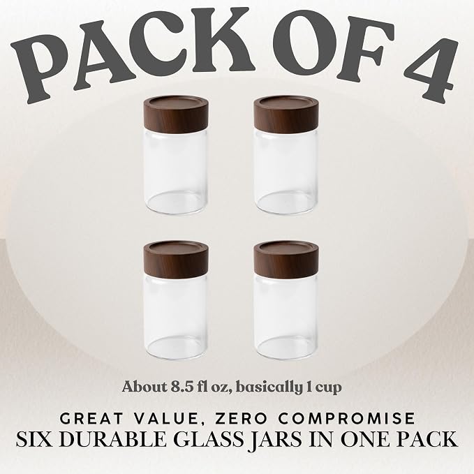 Wide Mouth Glass Storage Jars With 2.5" Acacia Wood Lids - 4 Pack of 8.5 Oz Food Storage Containers - Borosilicate Glass Canisters Sets For Kitchen - Pantry Organizers and Storage for Rice Coffee
