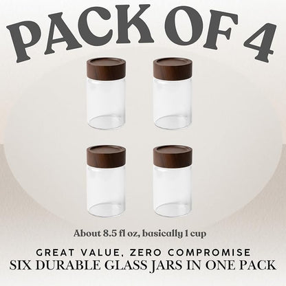 Wide Mouth Glass Storage Jars With 2.5" Acacia Wood Lids - 4 Pack of 8.5 Oz Food Storage Containers - Borosilicate Glass Canisters Sets For Kitchen - Pantry Organizers and Storage for Rice Coffee