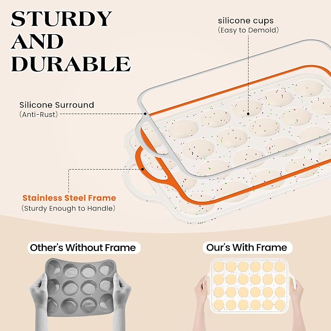 3 Pcs Silicone Baking Pan Set with Metal Reinforced Frame- Including Mini Loaf Pan, Standard Muffin Pan and Mini Muffin Pan（Cream）