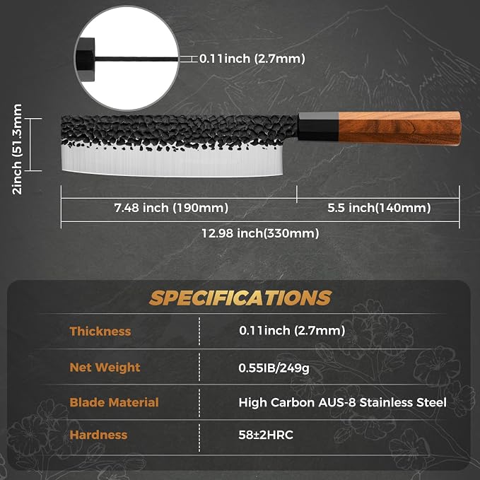 RASSE Japanese Nakiri Knife 7" Kitchen Knife Sharp Meat Cleaver and Vegetable Kitchen Knives Hand Forged High Carbon Japanese AUS-8 Stainless Steel Chef Knife with Rosewood Handle & Gift Box