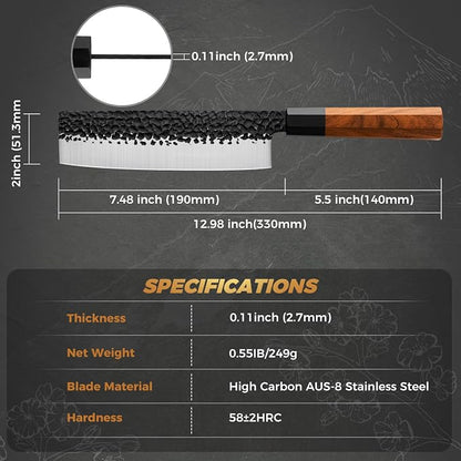 RASSE Japanese Nakiri Knife 7" Kitchen Knife Sharp Meat Cleaver and Vegetable Kitchen Knives Hand Forged High Carbon Japanese AUS-8 Stainless Steel Chef Knife with Rosewood Handle & Gift Box