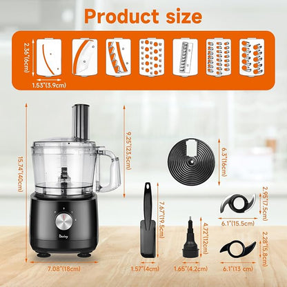 Davivy 7-Cup Food Processor with Built-in Storage Drawer | 600W Motor, 9-Blade Set for Wavy Slicing, French Fries, Dough Kneading | 3-Speed Compact Chopper for Home Kitchen Meal Prep, Black