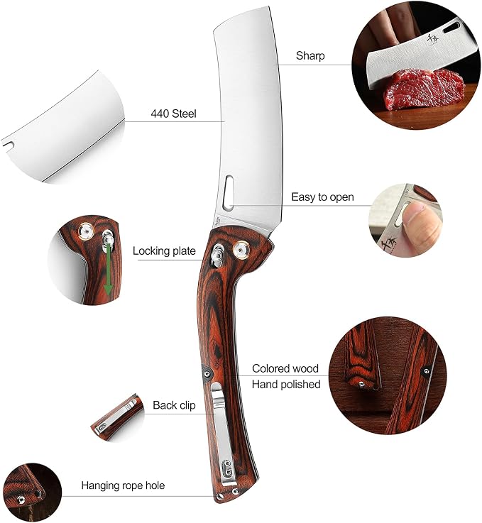 SENBON 440 Stainless Steel Super Sharp Folding Chef Knife - Colorful Wood Handle - Portable Kitchen Knife for Camping, Barbecue, Outdoor Use