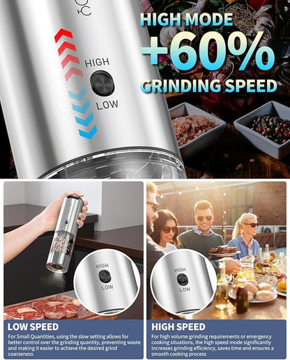 CIRCLE JOY Electric Salt and Pepper Grinder Set Stainless Steel Rechargeable Salt and Pepper Grinder Set, Variable Grinding Speed, External Adjustable Coarseness, Storage Base, White LED Light, Silver
