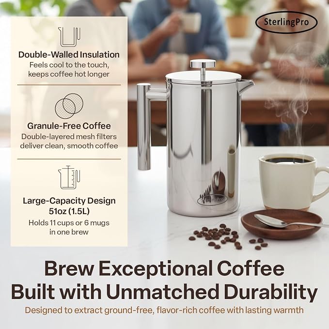 SterlingPro Large Insulated Stainless Steel French Press Coffee Maker 51oz – Insulated Metal Big Double Wall Coffee Maker | Plastic Free | Cool-Touch | Mirror Finish | Makes up to 11 cups / 6 mugs