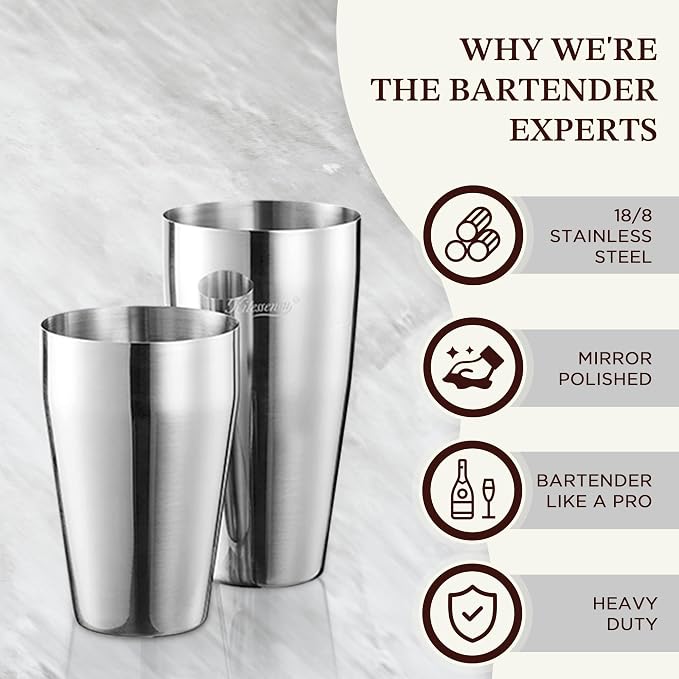 KITESSENSU Cocktail Shaker Set, 2-Piece Boston Shaker Set for Drink Mixing, Premium 18/8 Stainless Steel Martini Shaker for Bartending and Home Bar - 18oz & 28oz, Recipes Booklet Included, Silver