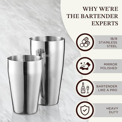 KITESSENSU Cocktail Shaker Set, 2-Piece Boston Shaker Set for Drink Mixing, Premium 18/8 Stainless Steel Martini Shaker for Bartending and Home Bar - 18oz & 28oz, Recipes Booklet Included, Silver
