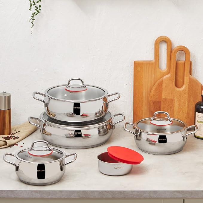 KARACA Stainless Steel Cookware Emirgan XL Set of 10 Piece, Pot, Deep Pot, Casserole, Container with Lid, Easy to Use Stylish Handles, Heat Resistant Cover, Essential Kitchen Accessory