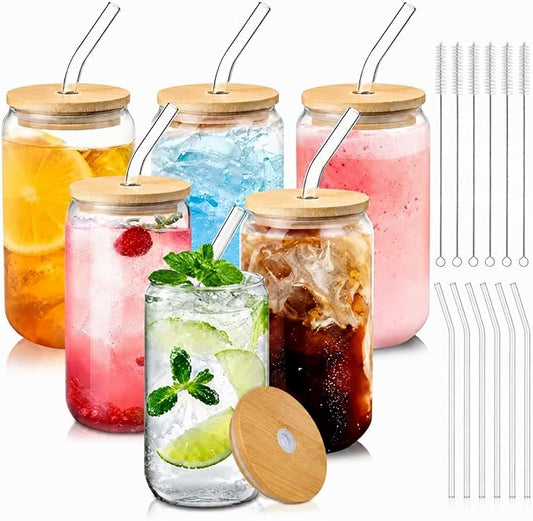 Glass Cups with Lids and Straws Set of 6, 16 oz Can Glasses with Bamboo Lids and Glass Straws, Iced Coffee Cups for Small Kitchens, Soda, Smoothies and Daily Drinks