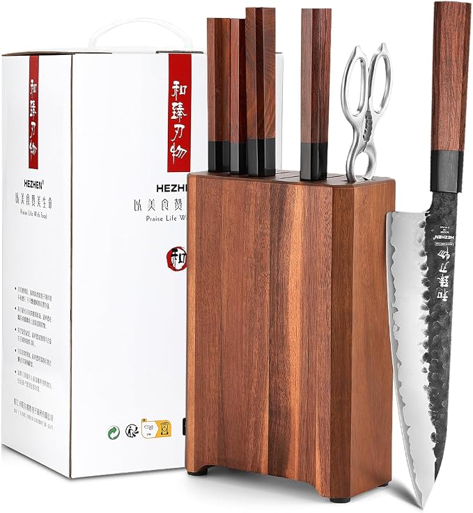 HEZHEN Knife Block Set, 7 Piece Chef Knife Set with Block&Siccor, 3 Layers Clad Steel Kitchen Knife, Kitchen Scissors Acacia Wood Knife Block, Room-saving, Gift Ready Set