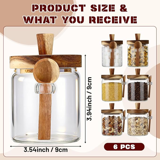 Remerry Set of 6 Glass Jar with Wooden Lid and Spoon, 13.5 oz Coffee Bean Tea Sugar Jar Set, Clear Airtight Spice Canisters Glass Food Storage Kitchen Containers for Coffee Bean Tea Sugar