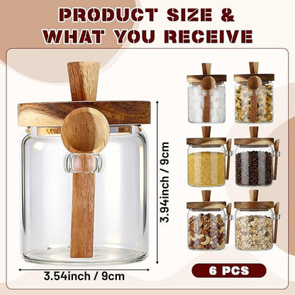 Remerry Set of 6 Glass Jar with Wooden Lid and Spoon, 13.5 oz Coffee Bean Tea Sugar Jar Set, Clear Airtight Spice Canisters Glass Food Storage Kitchen Containers for Coffee Bean Tea Sugar