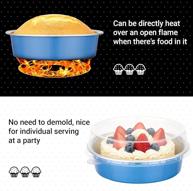 Beasea Aluminum Cupcake Pans With Lids, 100 Pack 7.3oz Disposable Pie Pans For Cake, 4 Inch Aluminum Pie Tart Baking Cups Tins Round Oven Mini Cake Pan For Tart Quiche Dessert - Moon Blue
