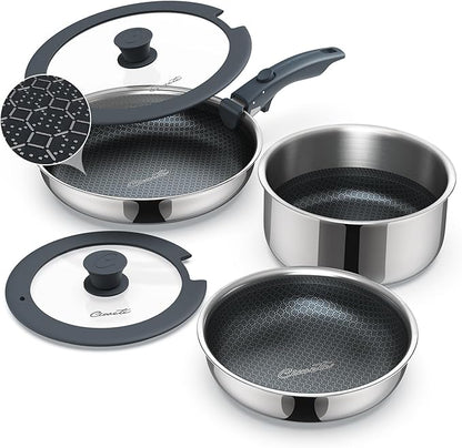 Ciwete 6-Piece Hybrid Stainless Steel Pots and Pans Set Non Stick, Tri-Ply Stainless Steel Cookware Set with Lids and Detachable Handle, PFOA Free Kitchen Skillet for All Cooktops, Dishwasher Safe