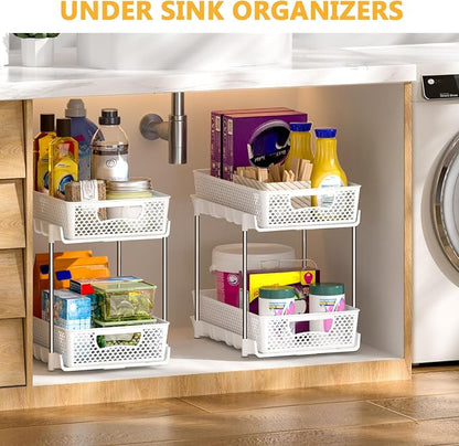 DABIGE 4 Pack Pull Out Bathroom Organizers and Storage, 2 Tier Stackable Under Sink Storage Organizer for Bathroom, Kitchen Cabinet, Pantry, and Medicine Holder, Organization and Storage - White