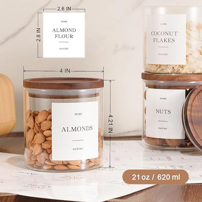 Set of 6 Glass Pantry Jars with Acacia Wood Lids, 21oz Airtight Pantry Storage Containers with 105 Labels, Glass Kitchen Canisters for Coffee, Tea, Sugar, Spice