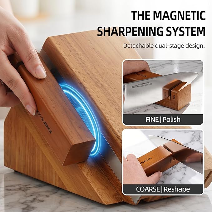 KnifeSaga Kitchen Knife Set with Block and Detachable 2-Stage Sharpener | 14-Piece Premium High Carbon Stainless Steel Knives with Ergonomic Anti-Slip Handle, Rubberwood Knife Block