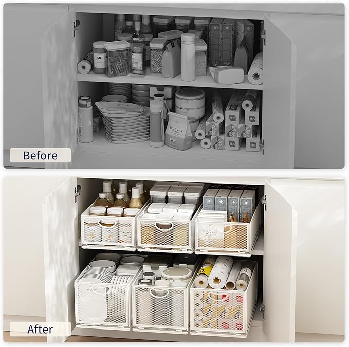 Pull Out Cabinet Organizer, No Drill Adhesive Sliding Drawers for Kitchen, Metal Mesh Wire Storage Shelf for Pantry & Under Sink, White (9.6" W x 15.7" D x 3.9" H)
