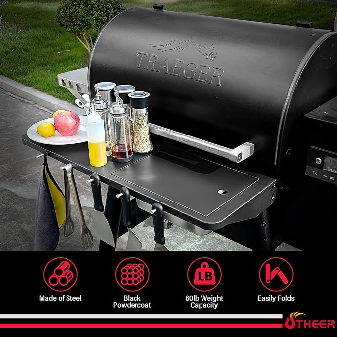 Utheer Folding Front Shelf for Traeger Pro 780 & Ironwood 885, 32.5"x11.5" | Heavy-Duty BBQ Prep Table, Cutting Board & Basin, 5 Hooks, 60-LB Load Steel