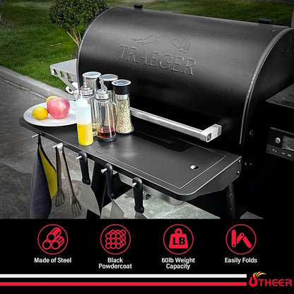 Utheer Folding Front Shelf for Traeger Pro 780 & Ironwood 885, 32.5"x11.5" | Heavy-Duty BBQ Prep Table, Cutting Board & Basin, 5 Hooks, 60-LB Load Steel