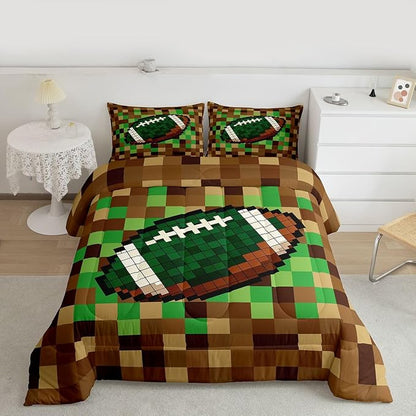 Manfei American Football Kids Comforter Toddler Size,Pixelated Geometric Grid Quilt Set for Kids Boys Girls Bedroom Decor,Gamepad Video Games Bedding Set,Brown Green Duvet Insert,1 Pillowcase