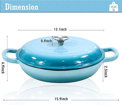 COOKWIN Cast Iron Casserole Braiser, 3.8 Quart,Heavy Duty Casserole Skillet with Lid and Dual Handles, Porcelain Enameled Surface Cookware Pot, Mother's Day Gifts for Family Light Blue