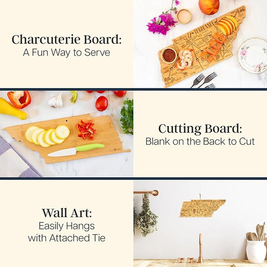 Totally Bamboo Destination Tennessee Shaped Cutting Board – Bamboo Charcuterie and Serving Board with Hang Tie for Wall Display