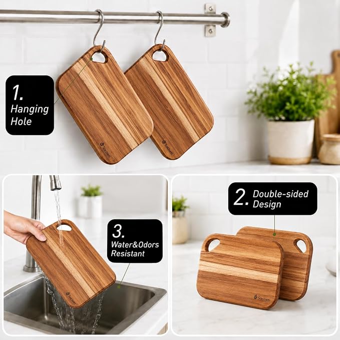 Socisen 2-Pack Small Teak Cutting Boards, 8.6" Mini Wood Charcuterie Board | Premium Teak Wood·FSC Certified·Lightweight Chopping Board·Non Toxic Serving Board·Tiny Cheese Board Set·Easy to Clean