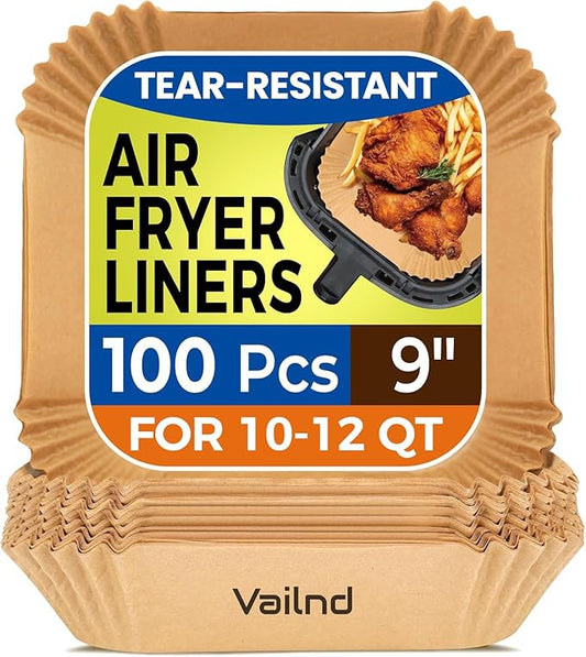 Vailnd Air Fryer Liners Disposable, 100Pcs 9 Inch Max Xl Large Cooker Airfryer Paper Liners, Oil Proof Parchment Sheets Square Basket Baking Liner for 10/11/12 QT Air Fryer Microwave