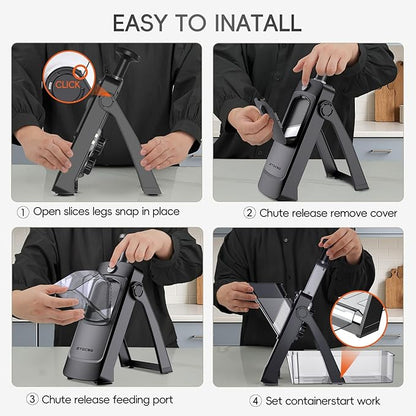 [7 in 1 ] Vegetable Slicer for Kitchen, Safe Mandoline Slicer, Adjustable Veggie Potato French Fry Cutter, Wider Tray & Stainless Steel Grater & Filter Basket & Lid & Cleaning Brush (Black Pro)