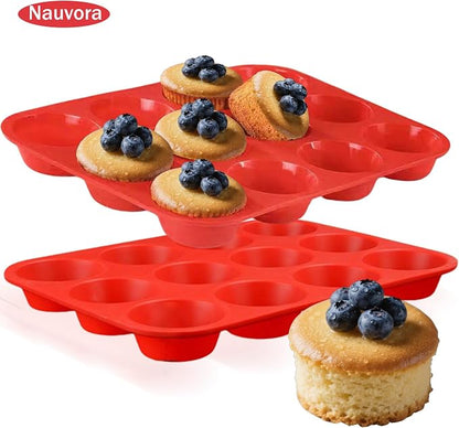 Silicone Muffin Tray - 12 Cups Cupcake Pan, NonStick Flexible Silicone Muffin Cups for Blueberry Muffin, Chocolate Cupcake, Egg Bite, BPA Free, Dia 2.36 Inches 4.5mm Thickness, 2 Pack