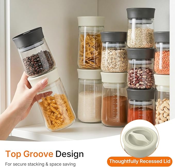 Upgraded Rotary Airtight Glass Jar with Lid, Borosilicate Coffee Storage Container, 800ml/27oz Stackable Pantry Organizer for Coffee Beans Grounds, Pasta, Flour, Nuts, Sugar, Candy, Snack