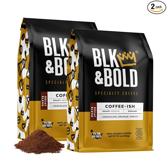 BLK & Bold Ground Coffee, Coffee-ish Decaf Medium Roast, Chocolate Graham Fruit Notes, Decaf Coffee For Drip Coffee Maker, French Press & Coffee Pot, 12 oz Bags (2 Pack)